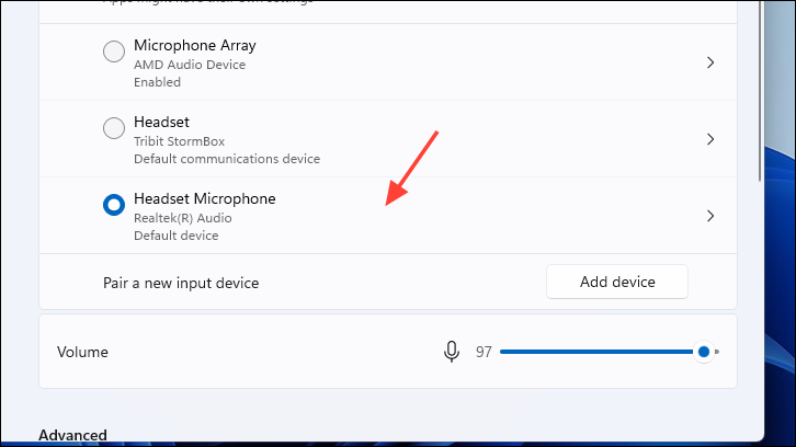 Selecting the headset microphone