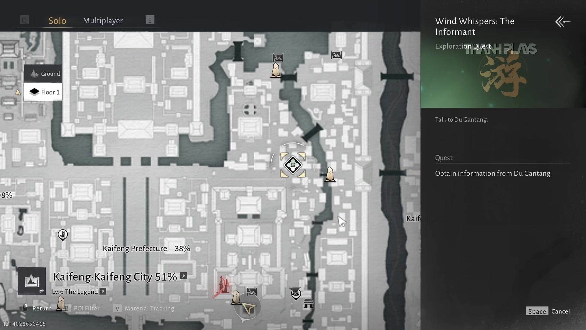 the map screen showing Kaifeng Kaifeng City. The quest Wind Whispers: The Informant is active. The cursor hovers over the Eastern Herald