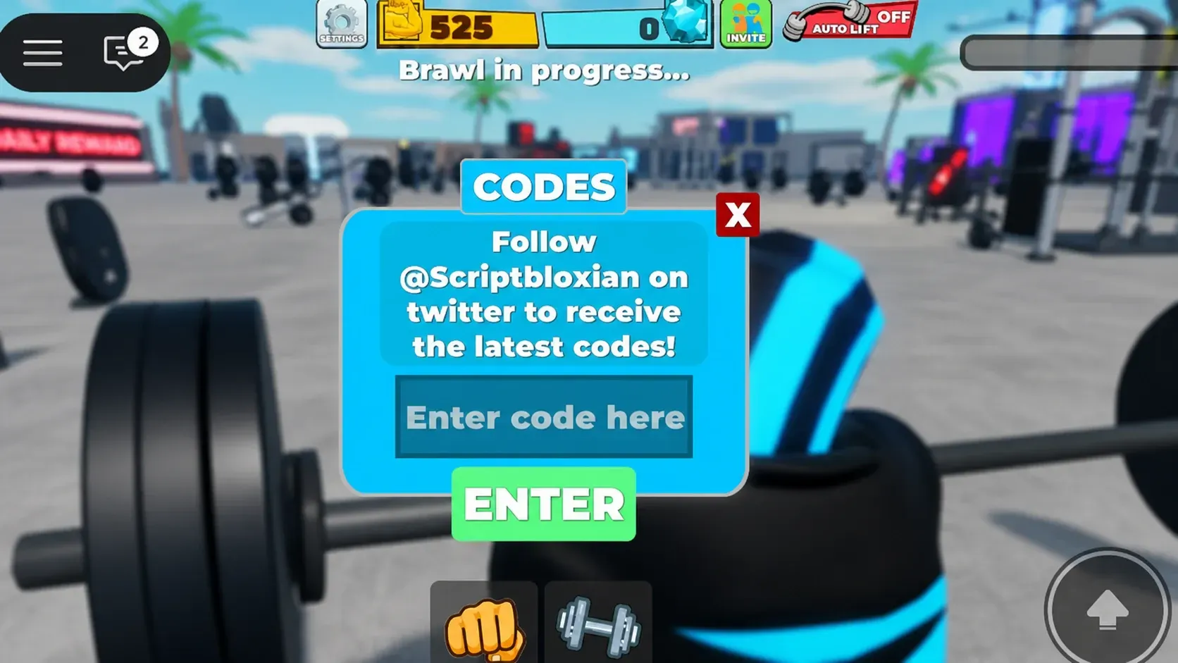 Muscle Legends codes redemption screen, with the words Pocket Tactics filled in where a code would go