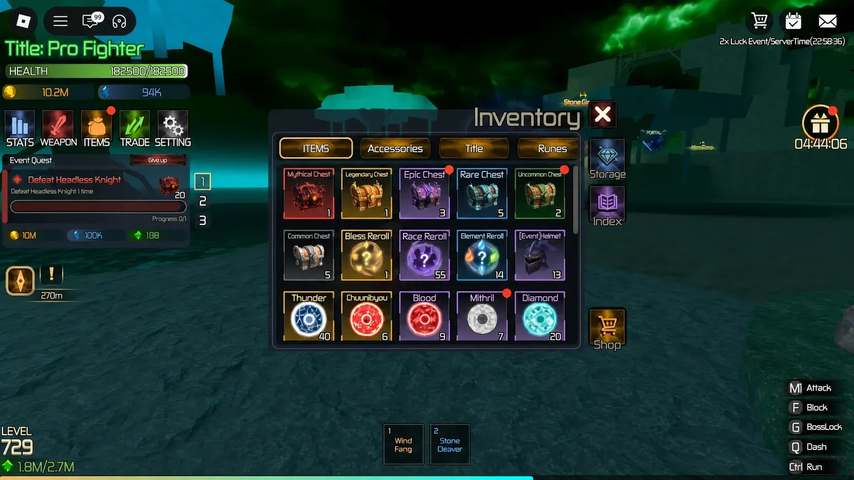 image of the inventory in Broken Blade with Event Helmet