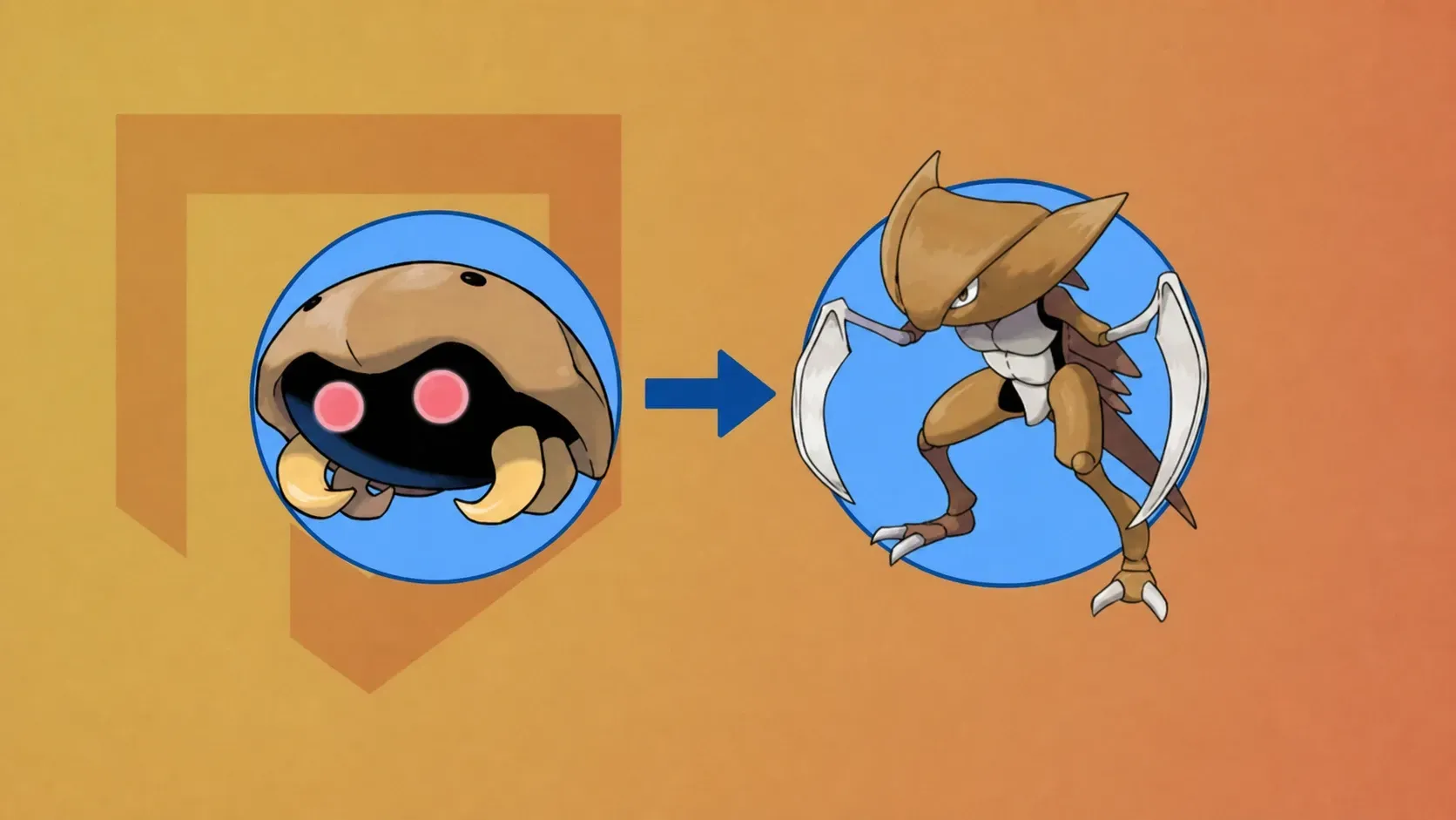 Pokemon Kabutops: Kabuto's evolution chain into Kabutops on blue circles on a brown PT background