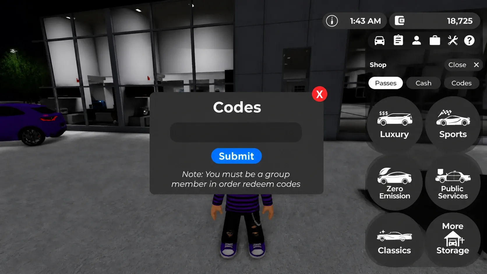 The in-game codes input interface in Greenville on Roblox
