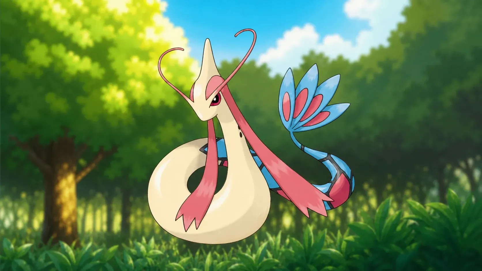 Custom image of Milotic on a Viridian Forest background for best snake Pokemon guide