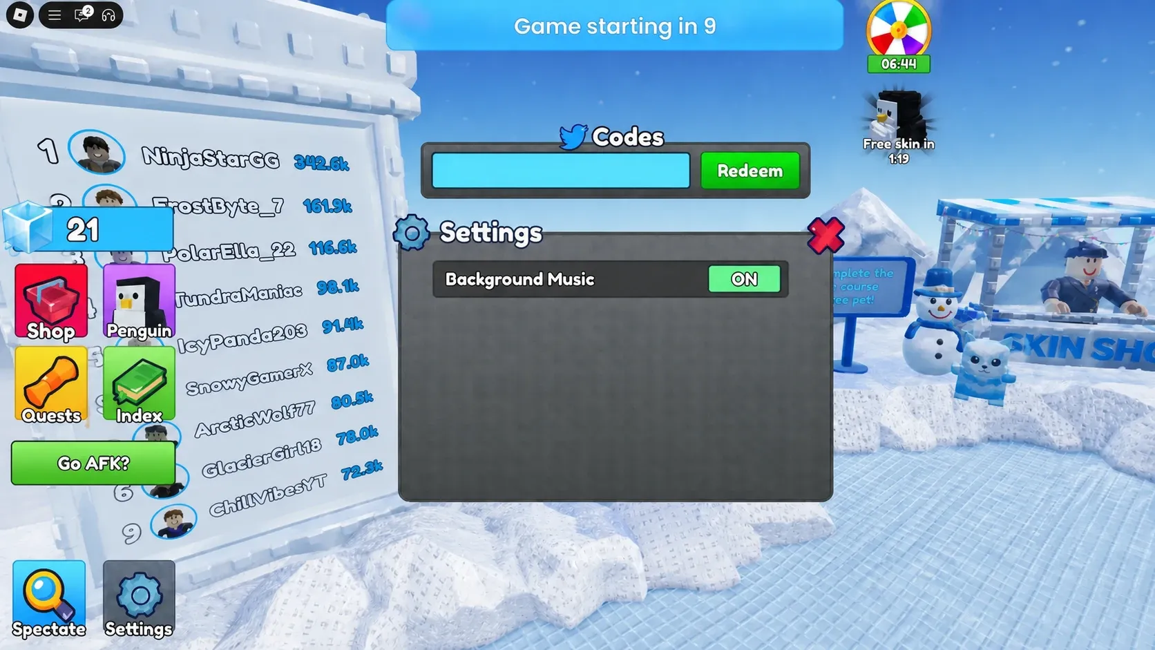 Knockout codes: a redemption screen next to leaderboards