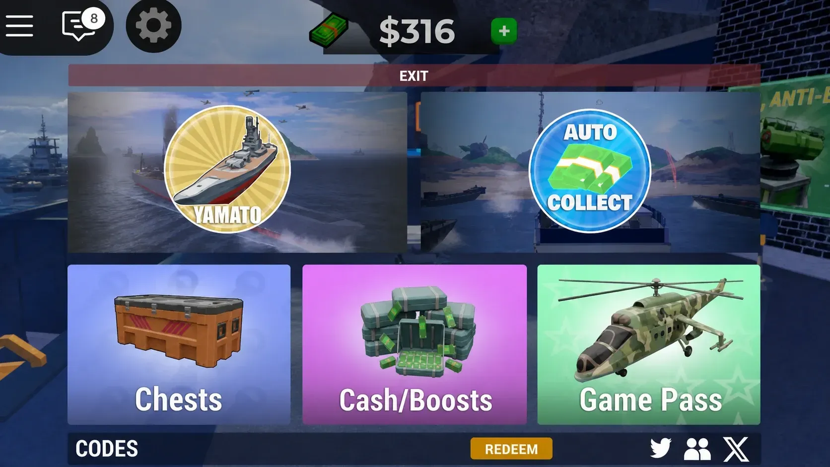 Navy Tycoon codes redemption screen showing the code input field at the bottom