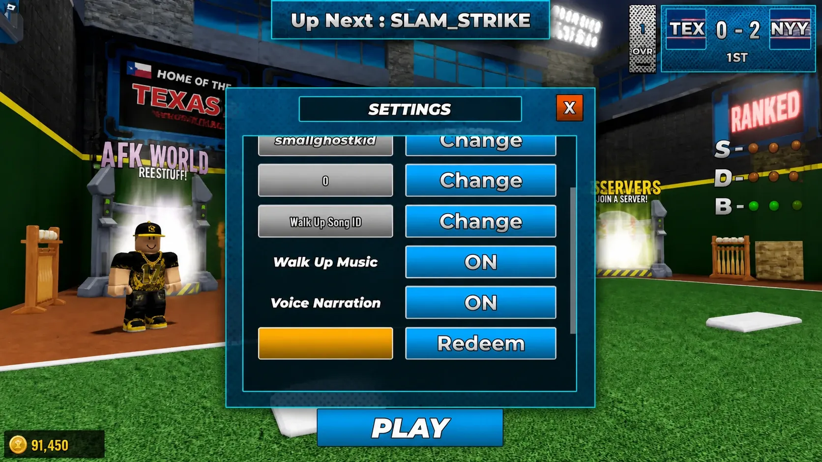 Code redemption screen in Superstar Baseball showing a code entered in the reward code text field