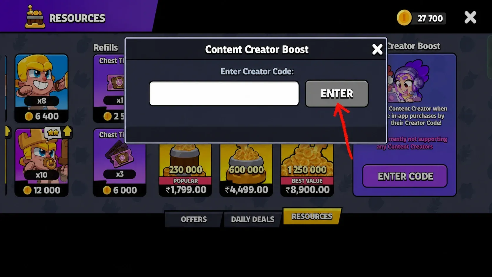 Use Creators Code option in Squad Busters