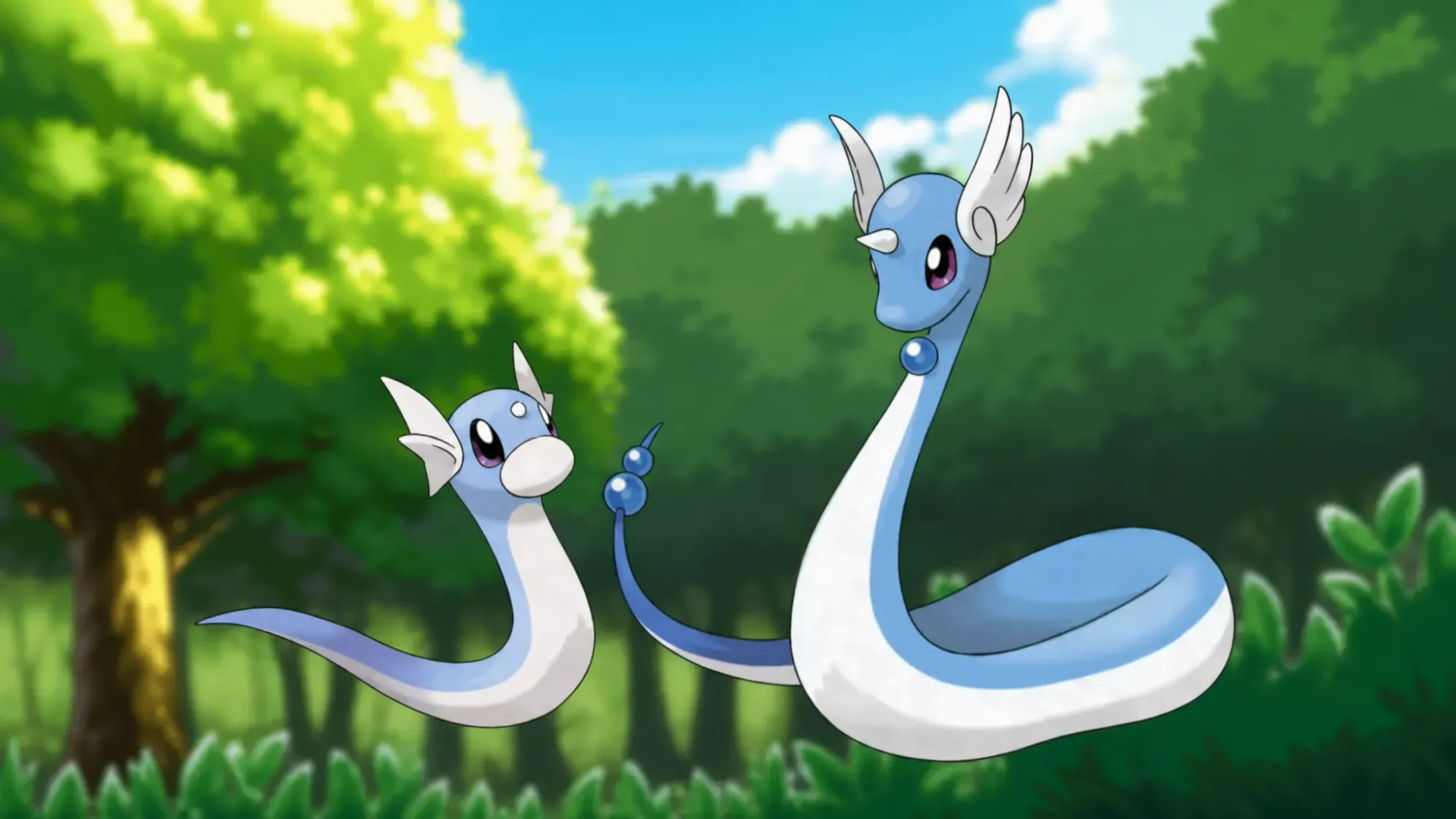 Custom image of Dratini and Dragonair on a Viridian Forest background for best snake Pokemon guide