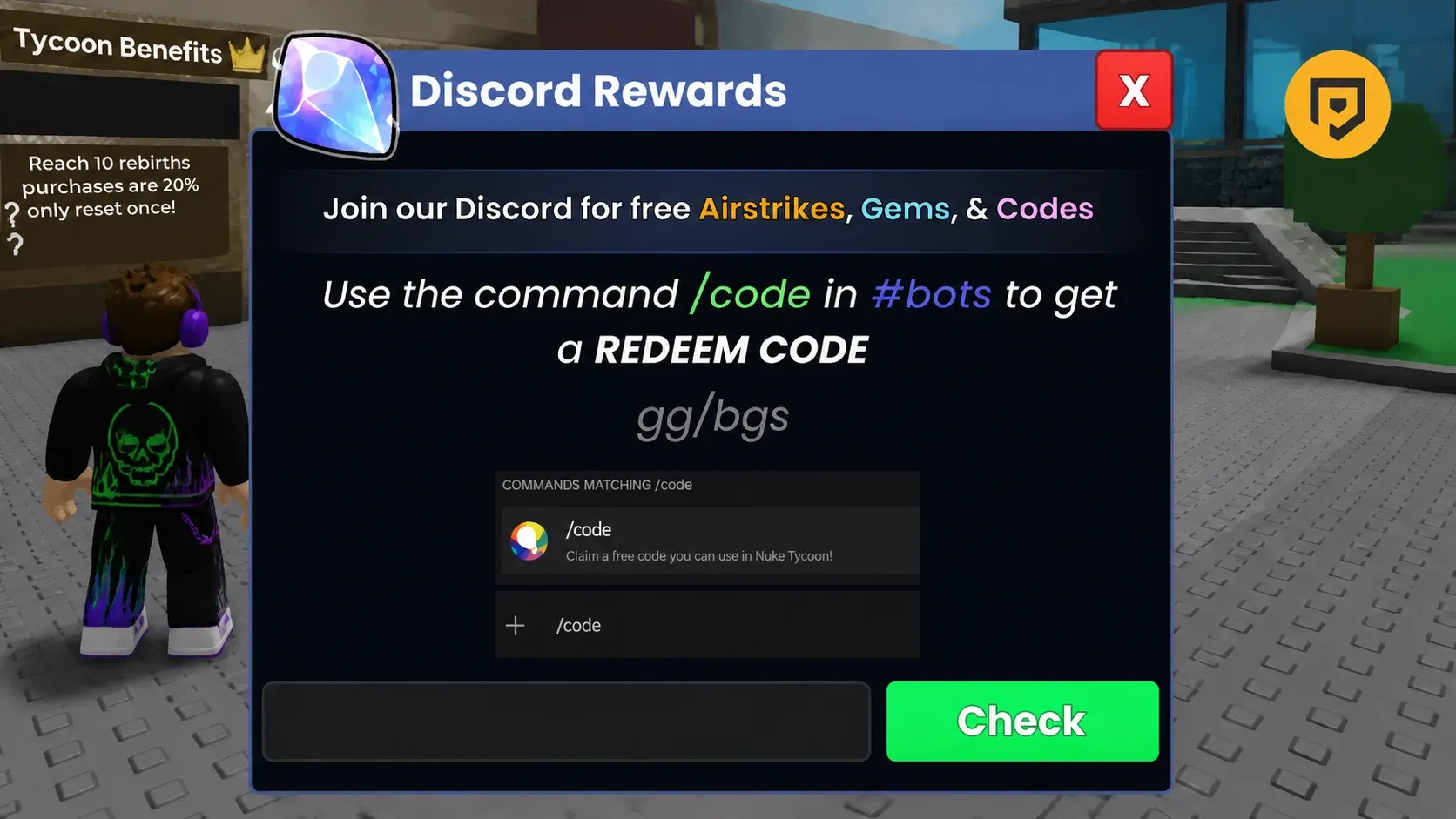 Nuke Tycoon Nuclear codes: An image of a code redemption screen in Roblox