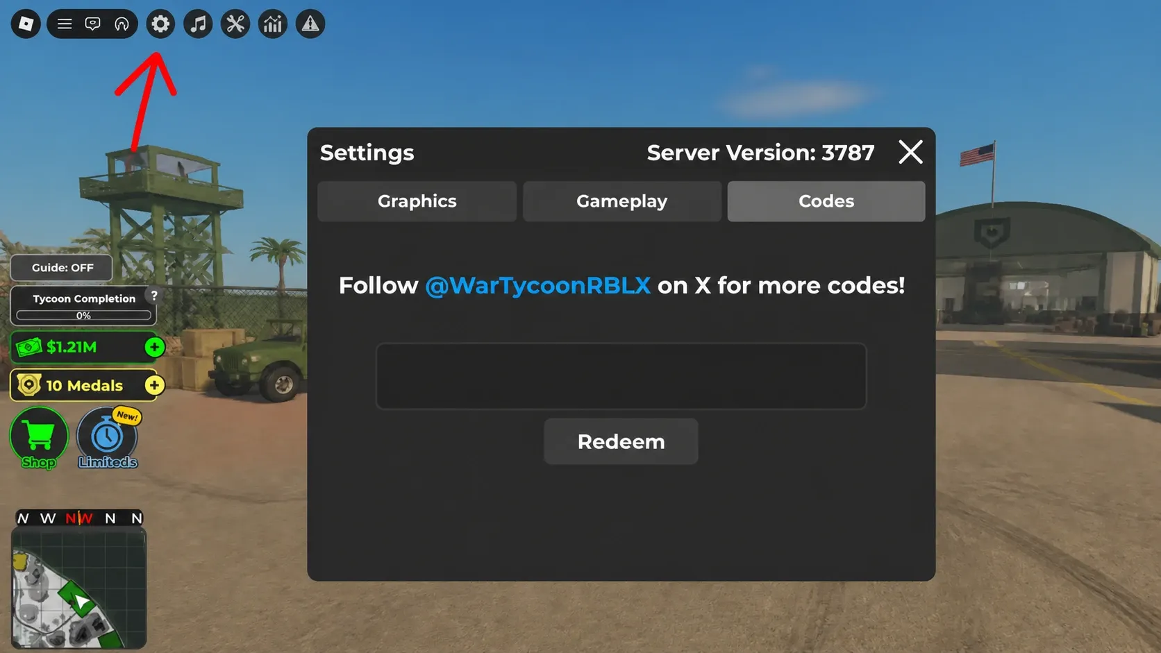 War Tycoon codes: A screenshot of the codes menu with Pocket Tactics in the box, a PT logo in the top right corner, and an arrow pointing to the settings menu