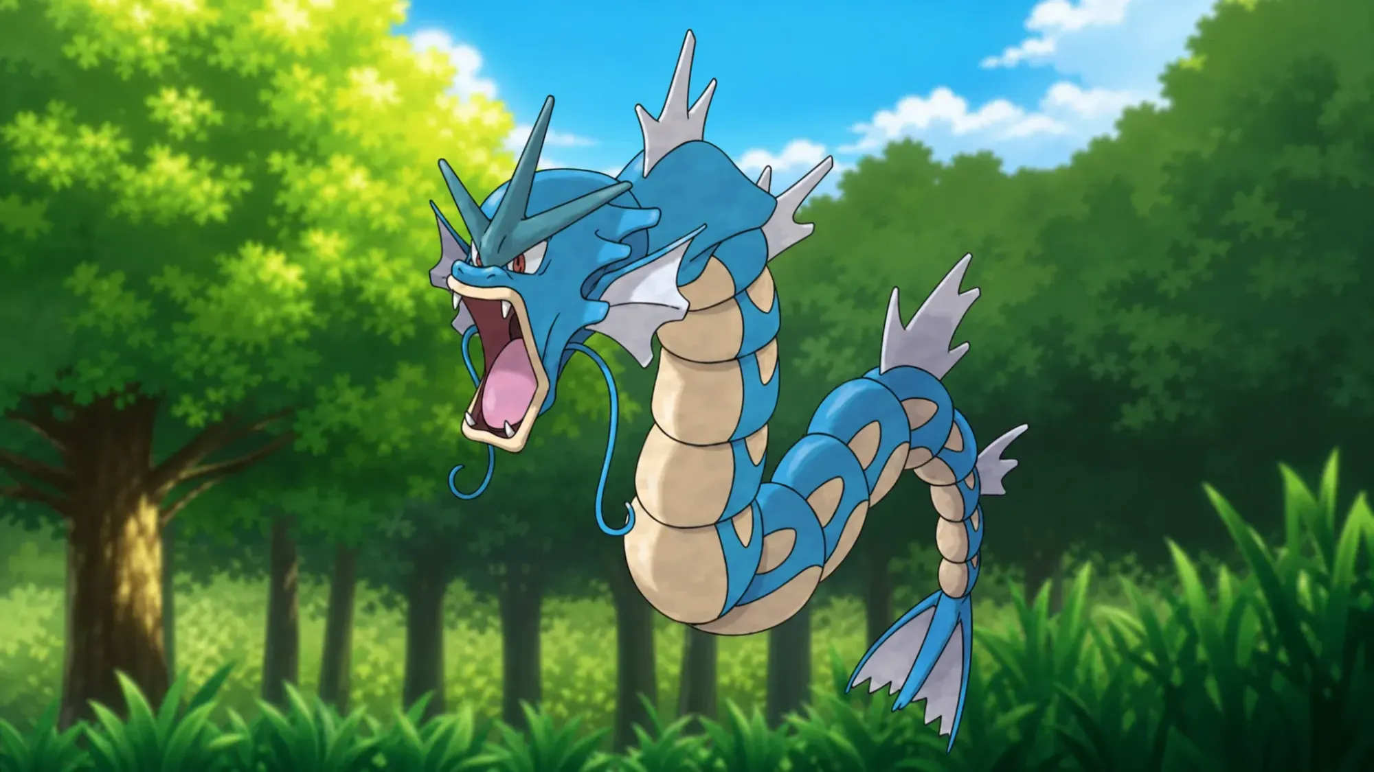 Custom image of Gyarados on a Viridian Forest background for snake Pokémon guide
