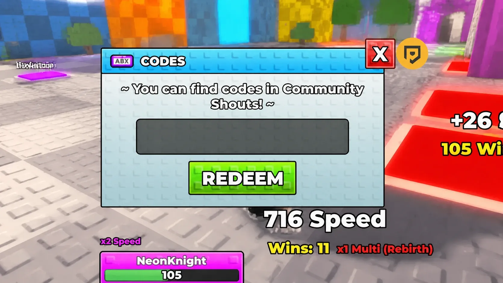 +1 Aura Speed Escape codes: An image of the code redemption box in Roblox