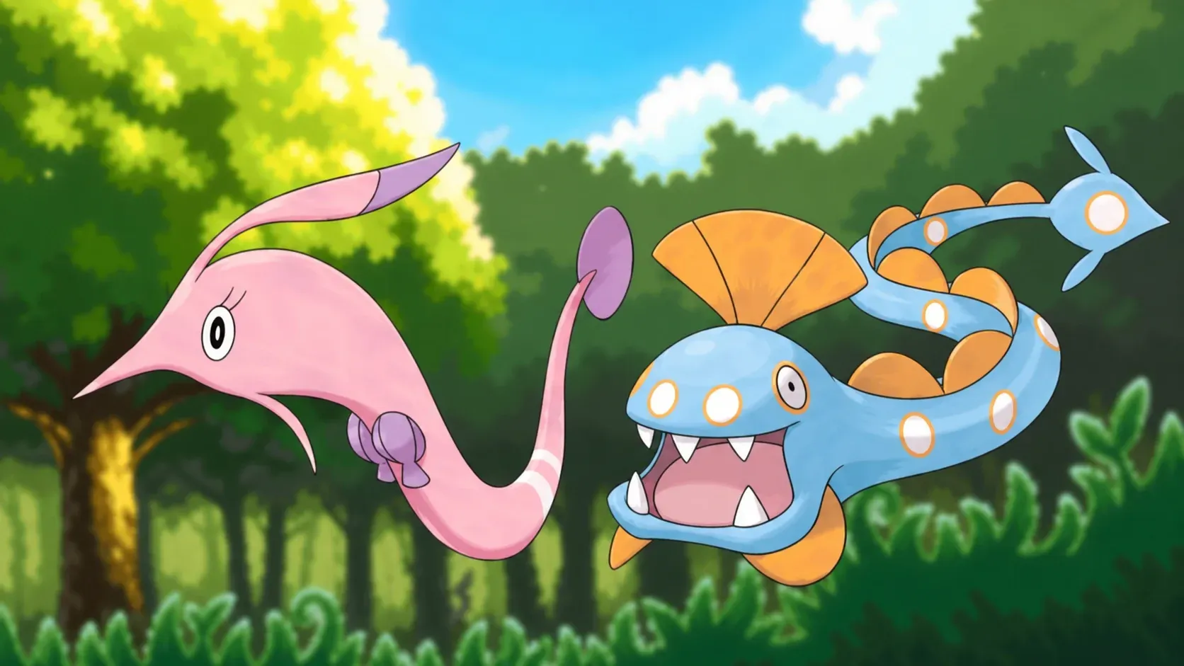 Custom image of Gorebyss and Huntail on a Viridian Forest background for best snake Pokemon guide