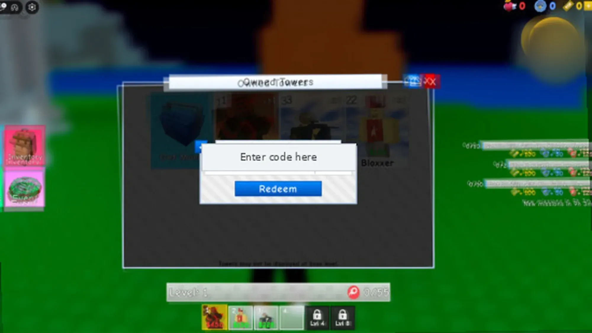 Retro Tower Defense codes redemption screen in front of a tree on some grass