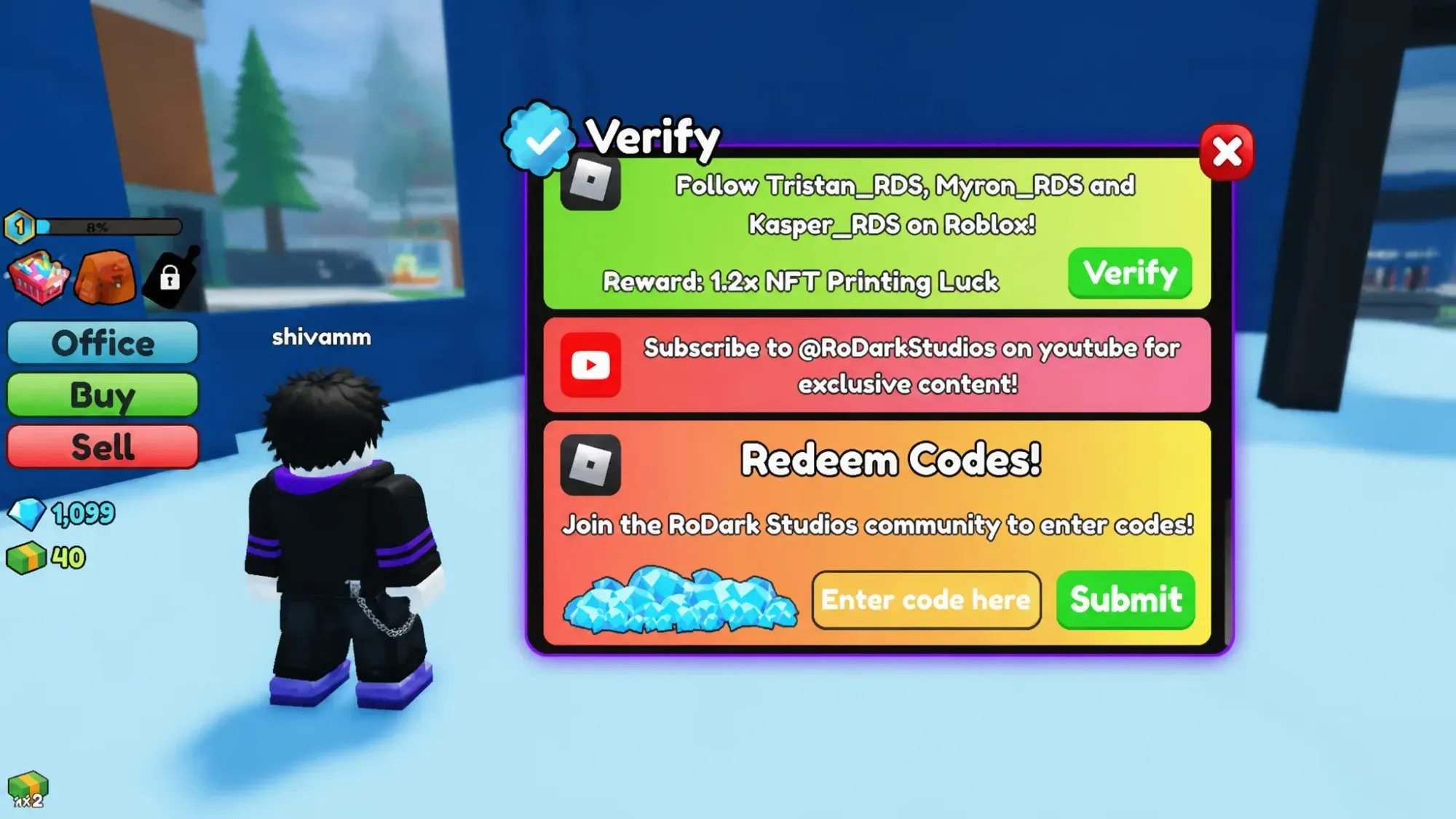 Coding Simulator 2 codes redemption screen with Pocket Tactics filled in where the code goes
