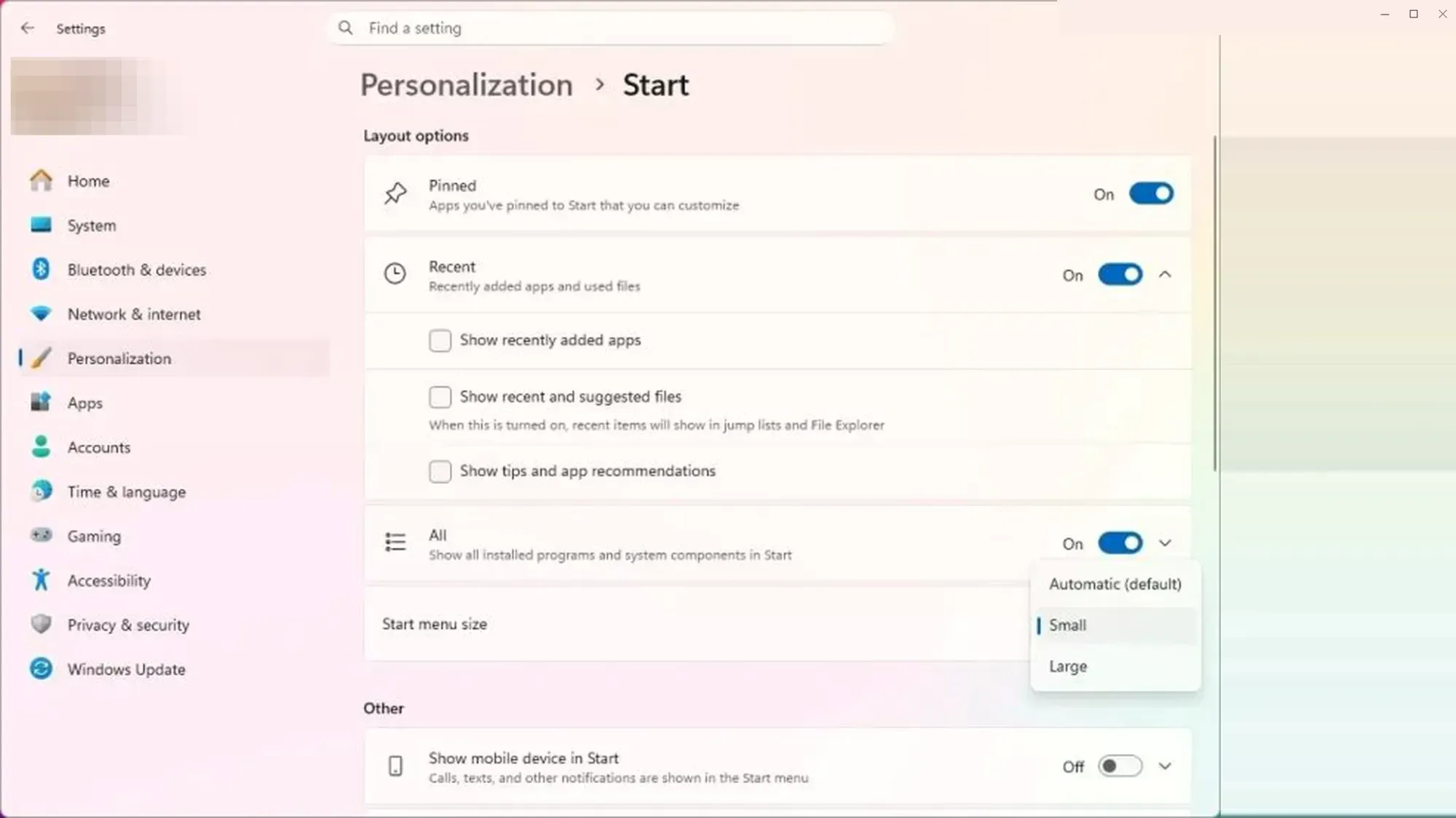 Start menu new settings
