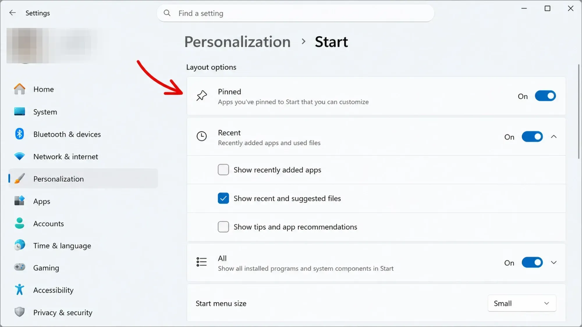 Start menu new layout settings