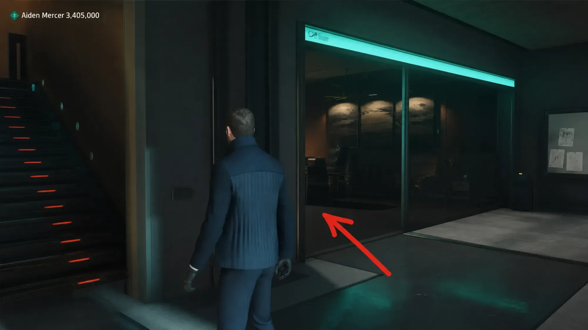 Character walking towards a door