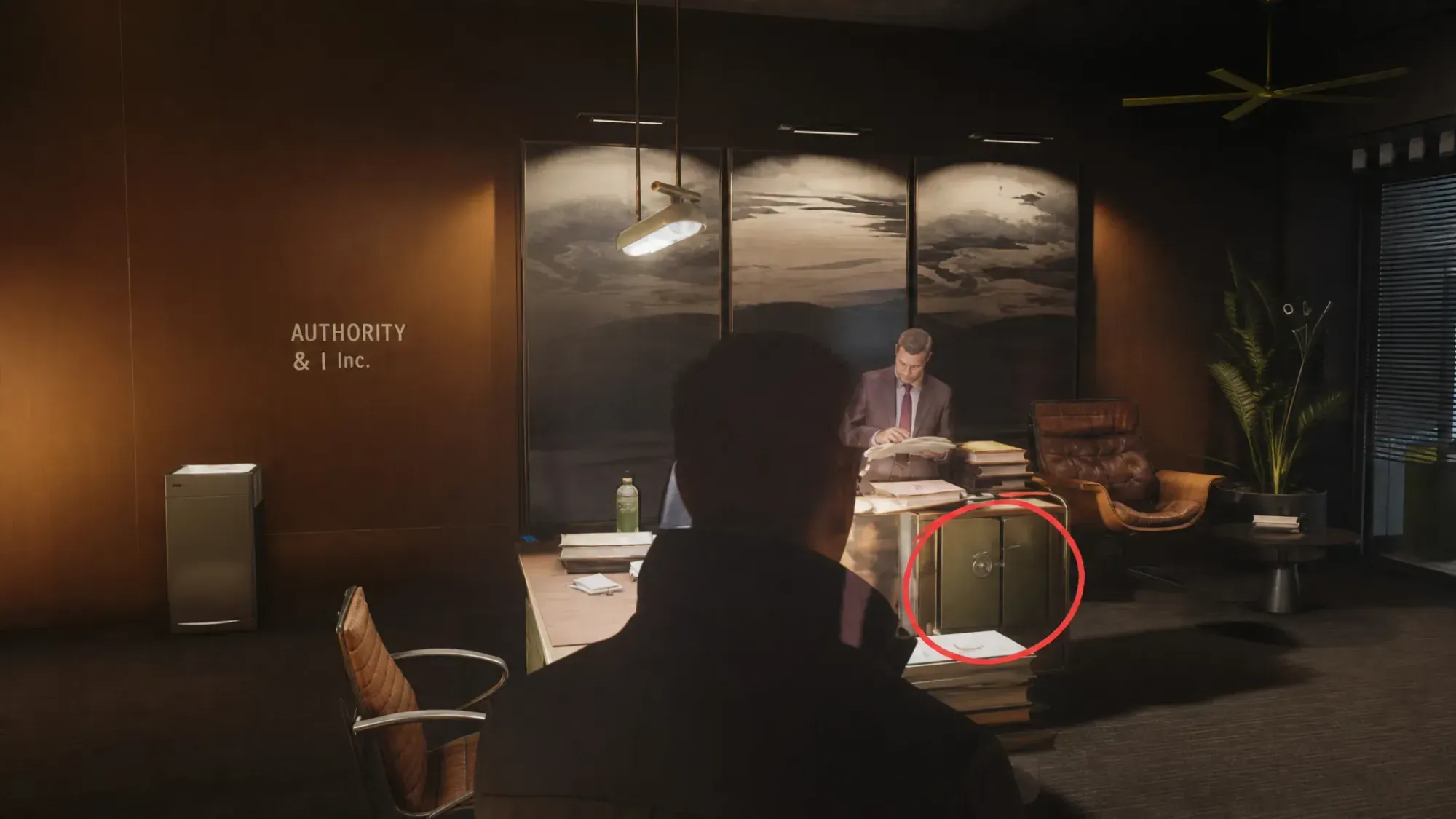 Character interacting with a person in an office