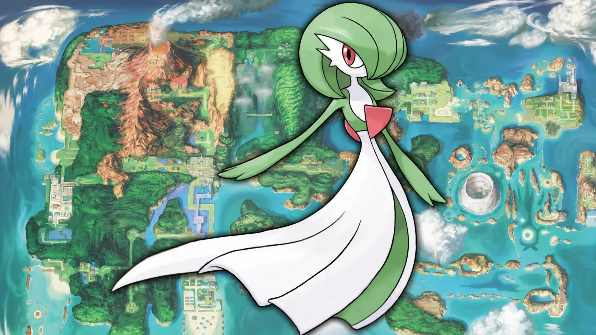 Ralts evolution - Gardevoir in front of a map of Hoenn
