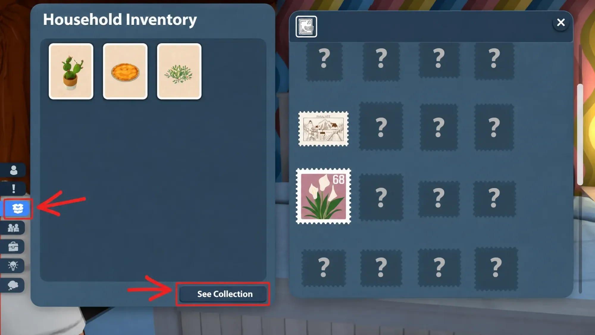 find stamp collection buttons marked in paralives