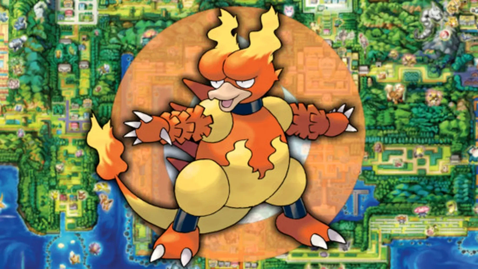 fire pokemon weakness - magmar in front of the fire type icon in front of a map of kanto