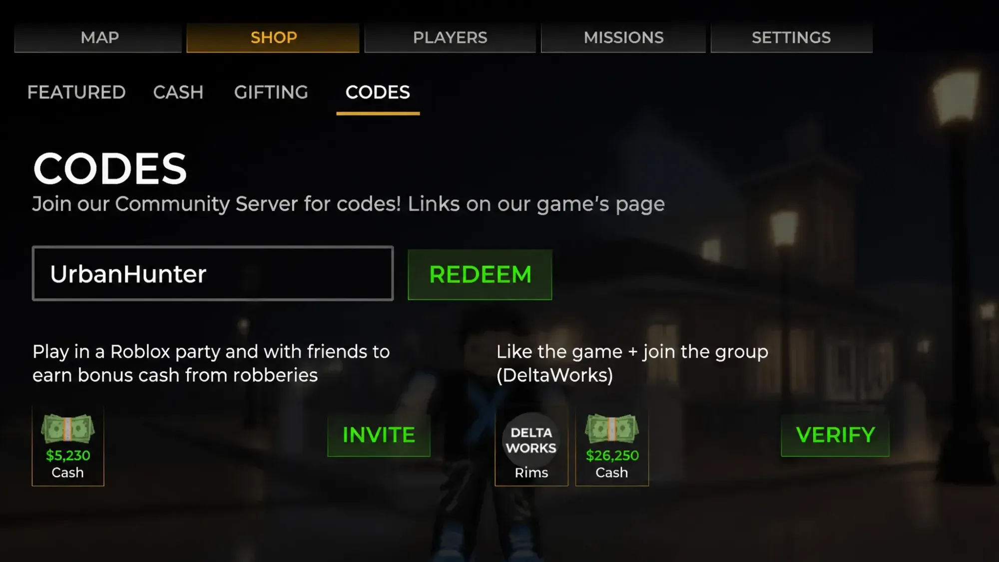 Wanted codes: An image of the code redemption box in Roblox
