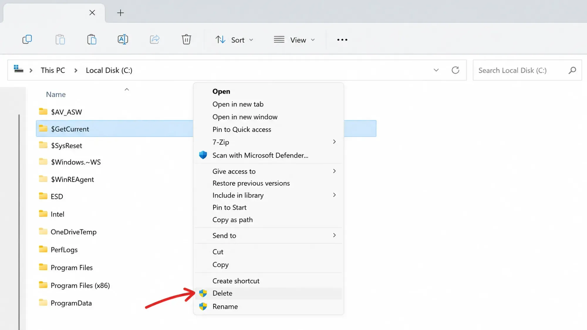 Deleting the $GetCurrent folder using Windows File Explorer