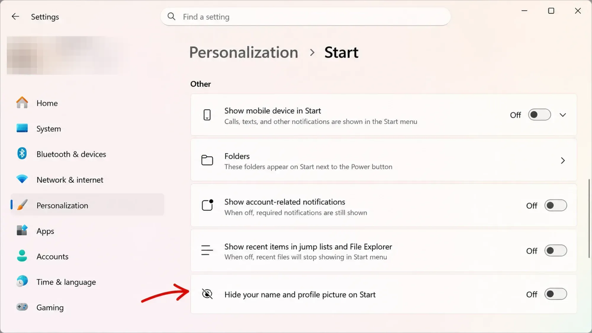 Start menu hide name and picture