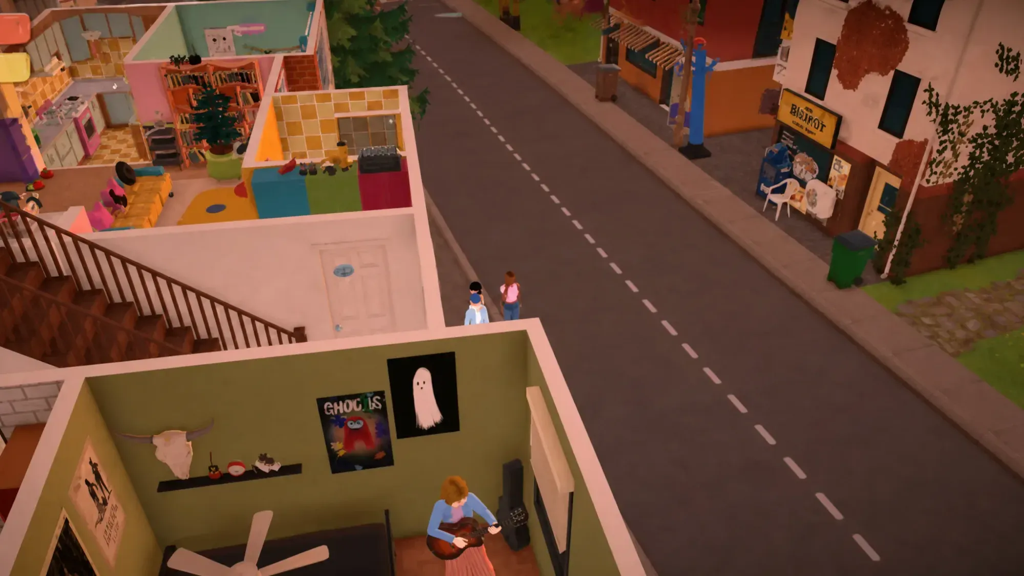 Parafolk interacting near a house and street in Paralives