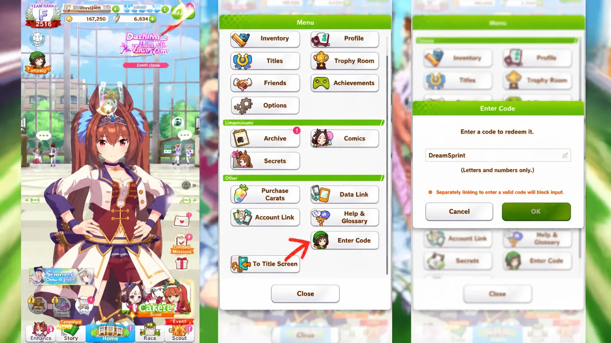 Umamusume codes: A step by step visual guide on how to redeem Umamusume codes with mango arrows and a PT logo in the top right corner