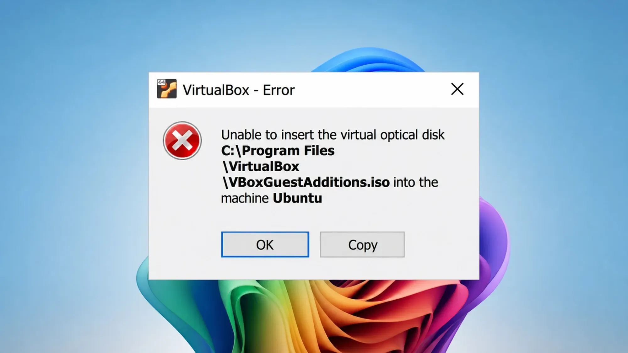 VirtualBox unable to insert the virtual optical disk
