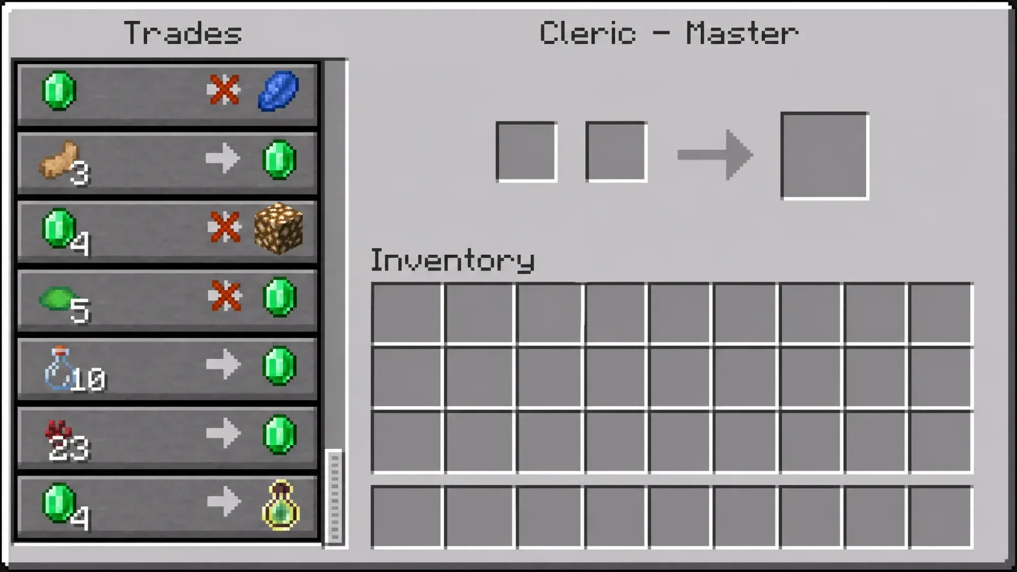 Trades of the master cleric villager in Minecraft