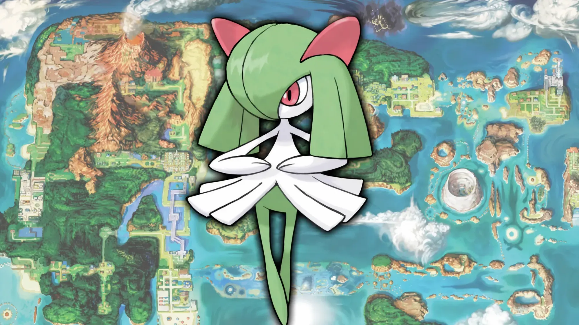 Ralts evolution - Kirlia in front of a map of Hoenn