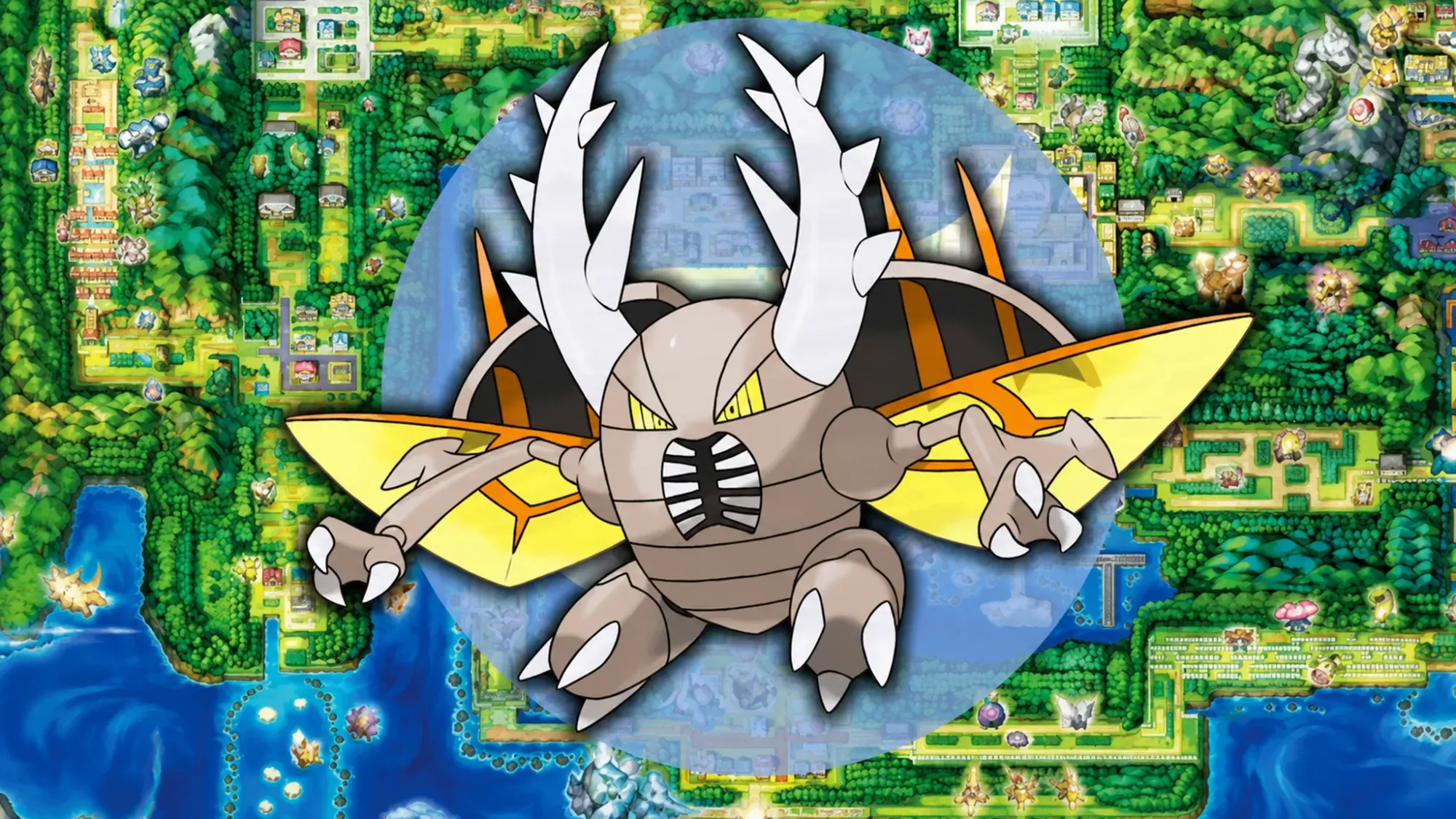 Flying Pokemon weakness - Mega Pinsir in front of the flying type logo in front of a map of Kanto