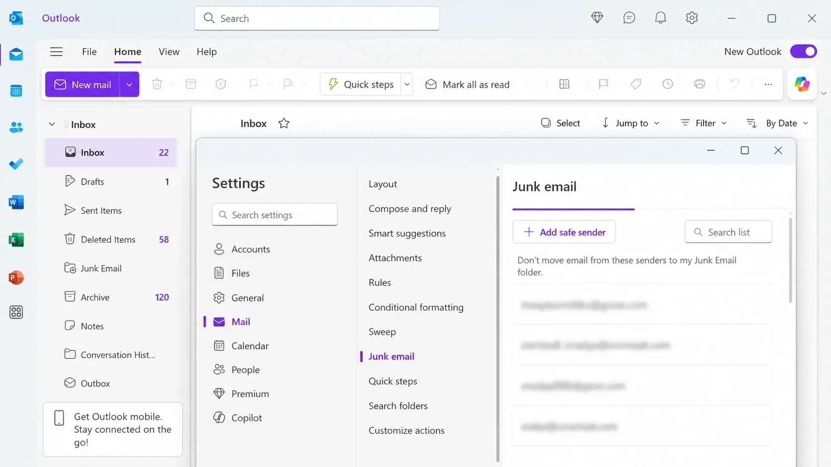Outlook blocks Safe Senders list in Windows 11
