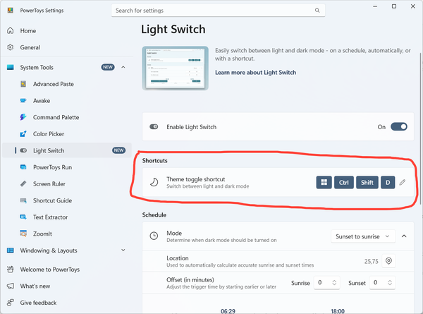 PowerToys Light Switch for Windows — Automatic theme scheduling