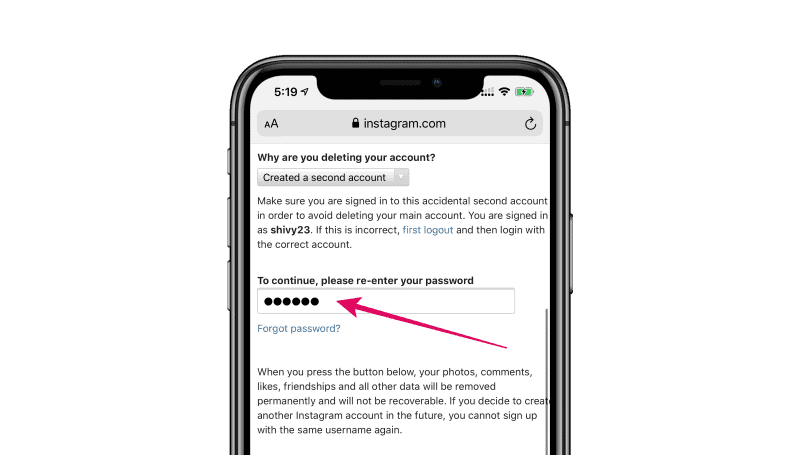 Enter password Instagram account delete iPhone