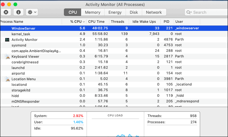 WindowServer process in activity monitor