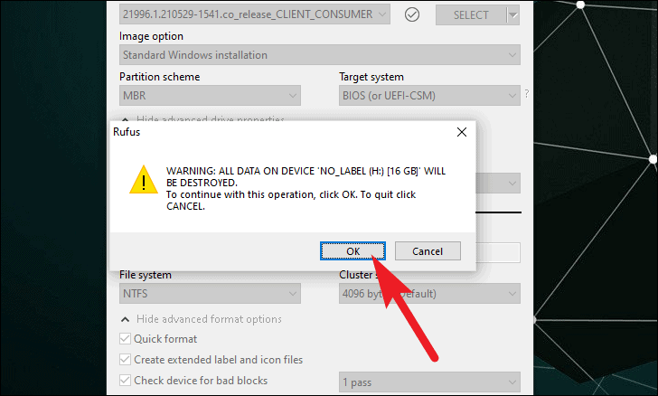 Tap OK to create a Windows 11 USB drive