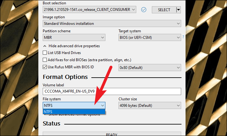 Select file systems for creating a Windows 11 USB Drive