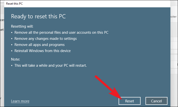 Reset confirmation
