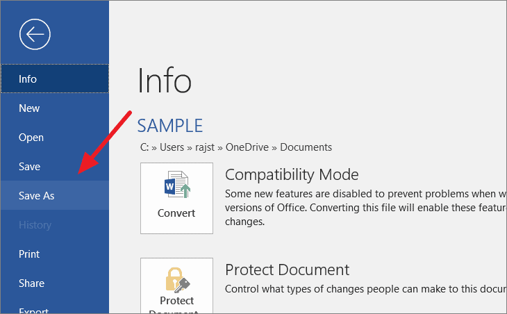 Save As option in Microsoft Word