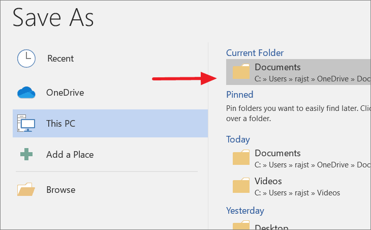 Choosing save location in Microsoft Word
