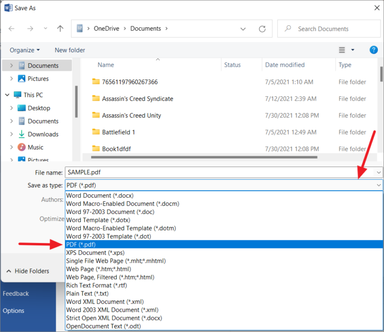 Selecting new file format in Save As dialog