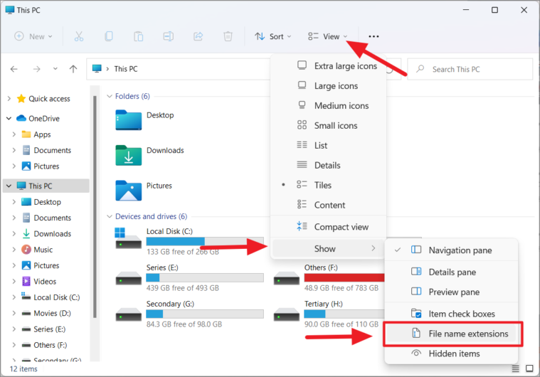 Enabling file name extensions in File Explorer