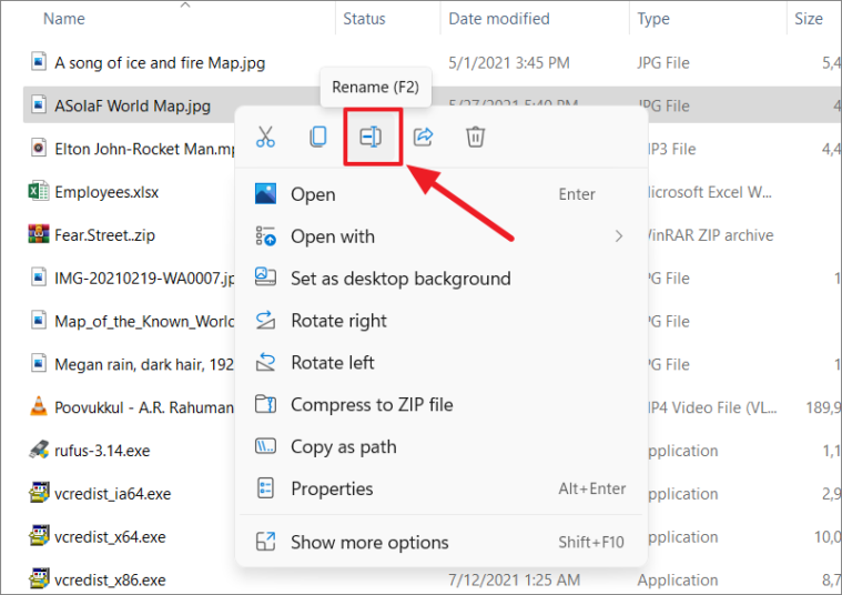 Renaming a file in File Explorer