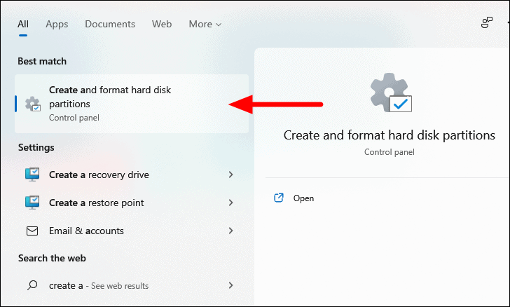 Windows search results for Disk Management