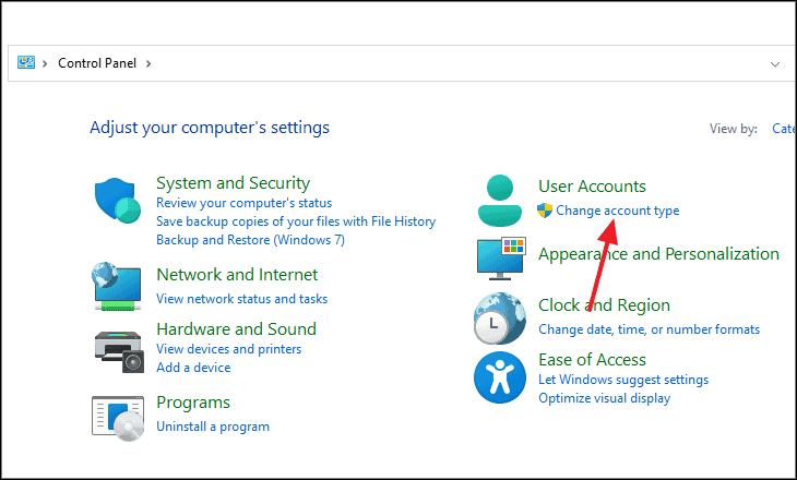 Selecting Change account type