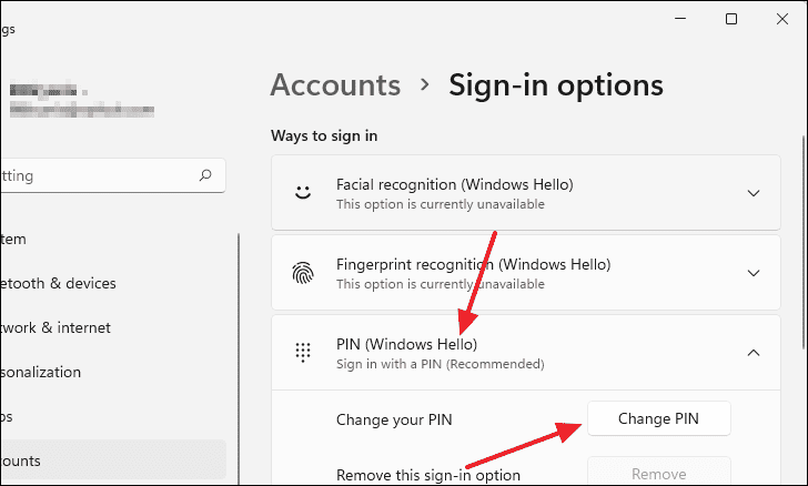 Change PIN option